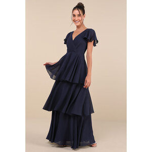 Lulus Sincerely Exquisite Navy Blue Short Sleeve Tiered Maxi Dress - Size M